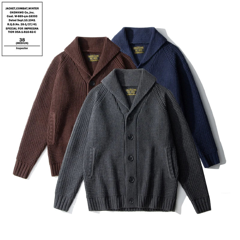men's sweater winter clothing Waffle Knit Shawl Collar Cardigan Sweater Vintage Style Button-Up Thick Knit Jacket