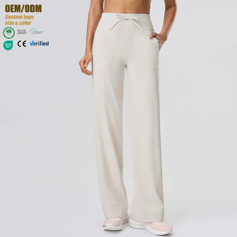 Wide Leg Pants Elastic Waist Drawstring With Pockets Casual Pants Loose Yoga Pants