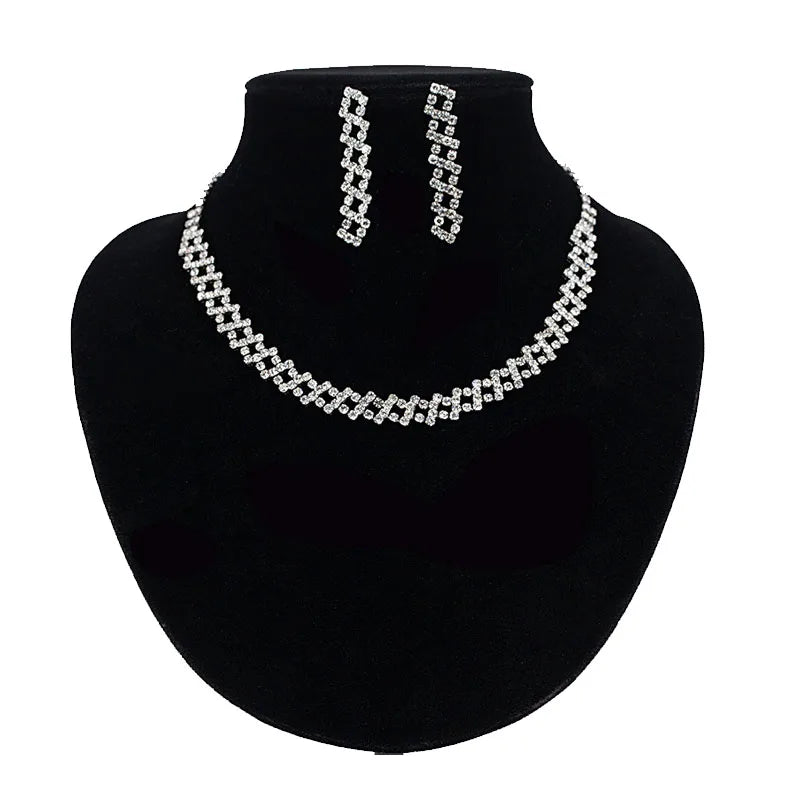 New Designs Engagement Bridal Diamond Jewelry Crystal Rhinestone Necklace Earrings Set for Ladies