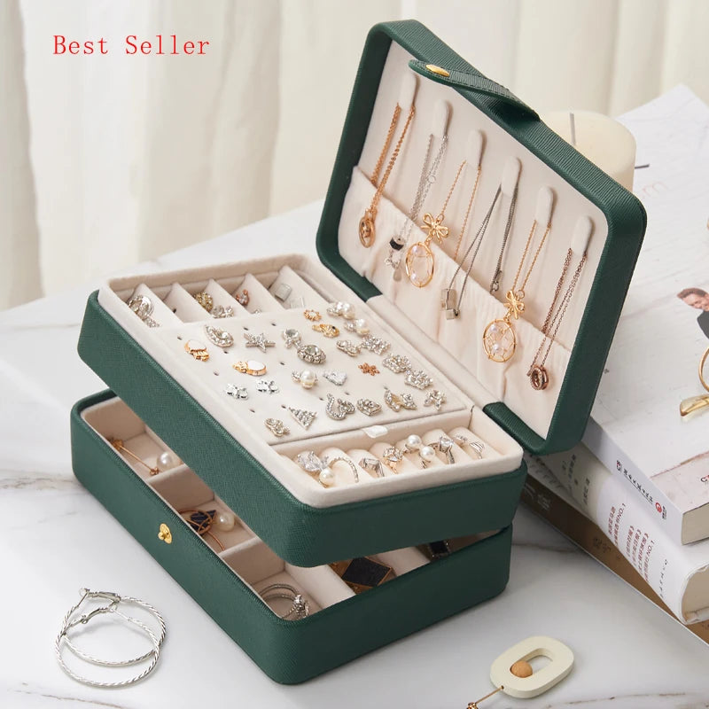 Wholesale  Custom Logo Velvet Portable Pink  Travel Jewellery Organizer Case  Green Pu Leather Jewelry Storage Box