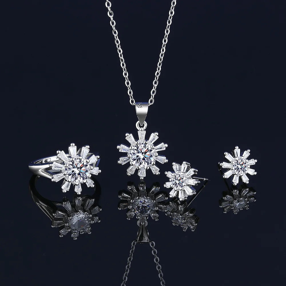 HOTWAY New Wholesale Copper Inlaid Cubic Zircon Sunflower Necklace Earrings Rings Fashion Jewelry Set Gift for Women Men