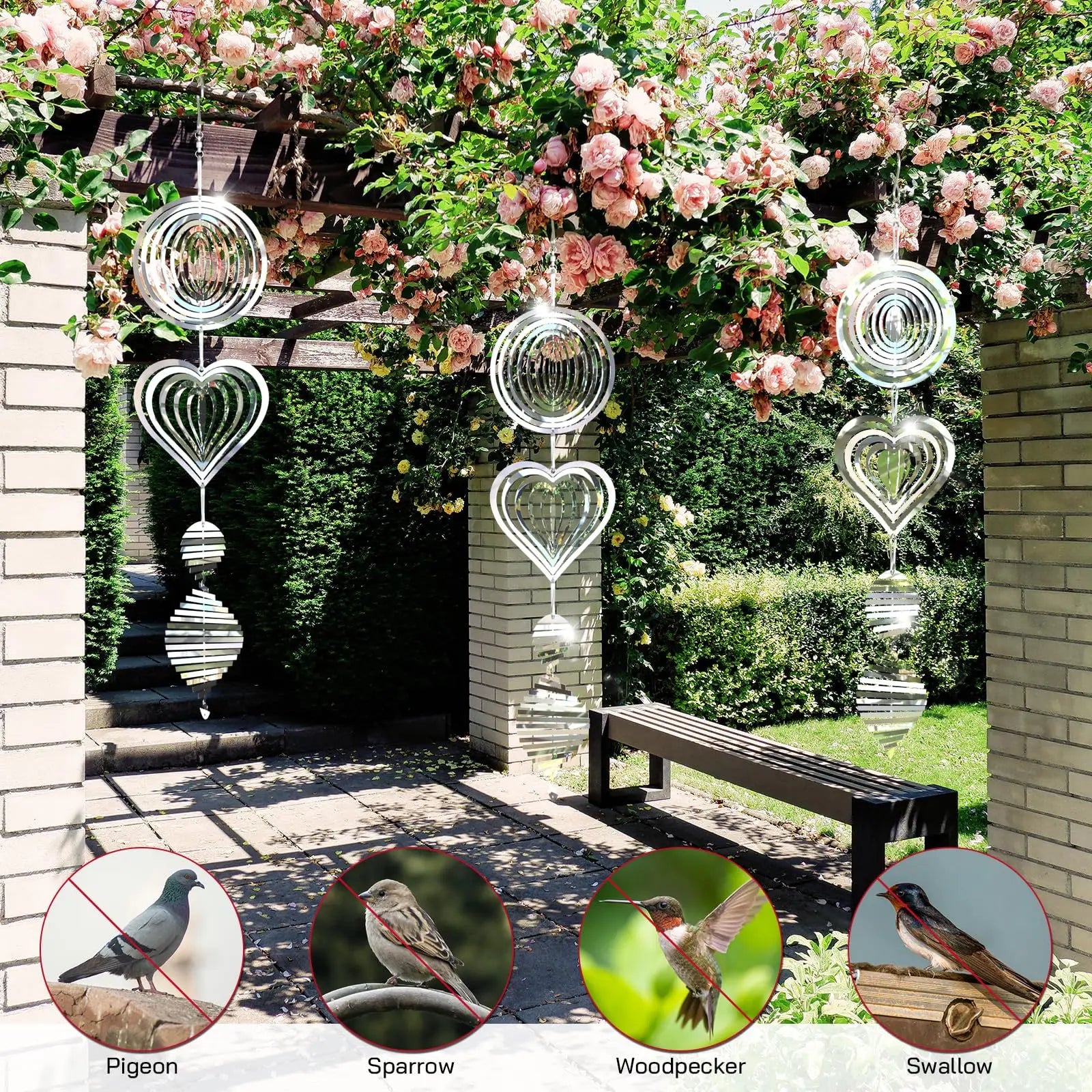 C114 Metal Garden Decor Bird Scare Devices to Keep Woodpeckers Away Patio Orchards Reflective 3D Stainless Steel Wind Spinners