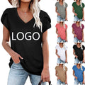 Womens Oversized Petal Sleeve Custom Graphic Plain Cotton/polyester v Neck Tee Tshirts  With Custom Label