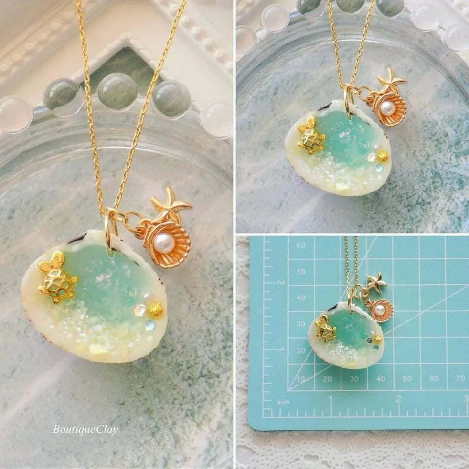 Summer Sea Life Ocean Style Gold Starfish Lucky Fish Bling Bling Blue Shell Necklace for Women Men