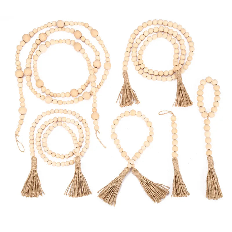 Natural Farmhouse Prayer Beads Wood Bead Garland Hanging Handmade Boho Tassel Rustic Country Wall Decor Decorations