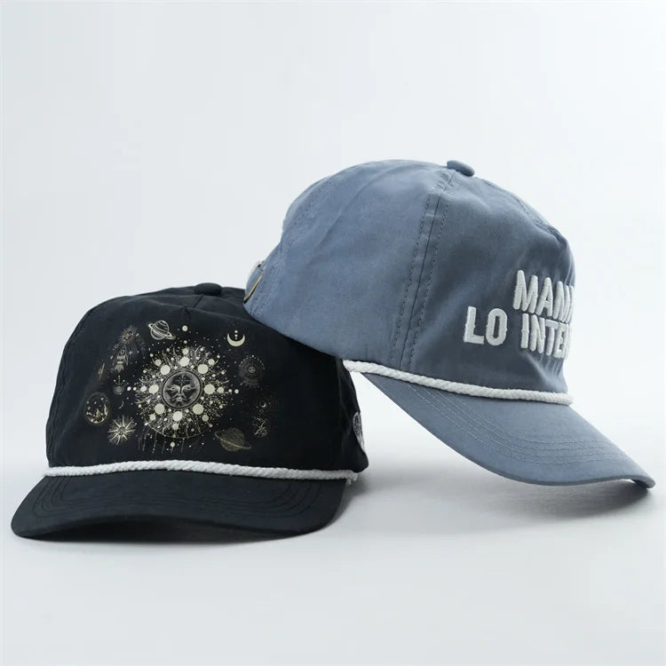 Unstructured 5 Panel Dad Hat Custom Embroidery Logo Hats With Rope on the Brim