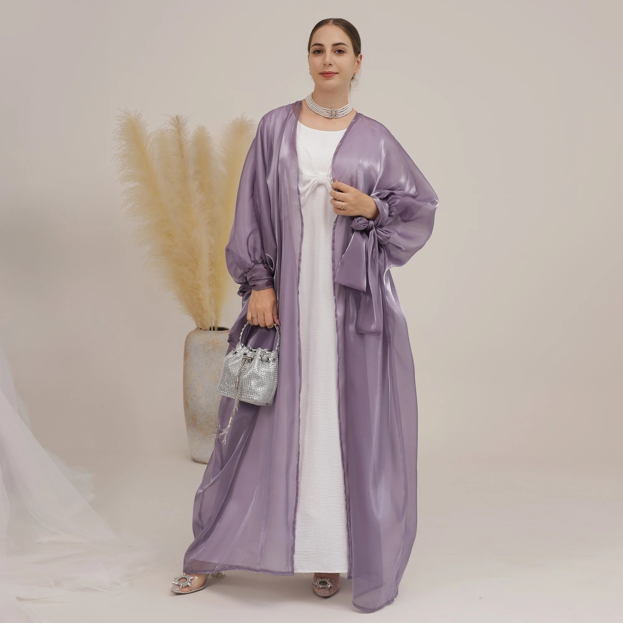 Loriya Muslim Women Dubai Abaya Solid Color Modern Cardigan Organza Front Open Abaya Islamic Clothing