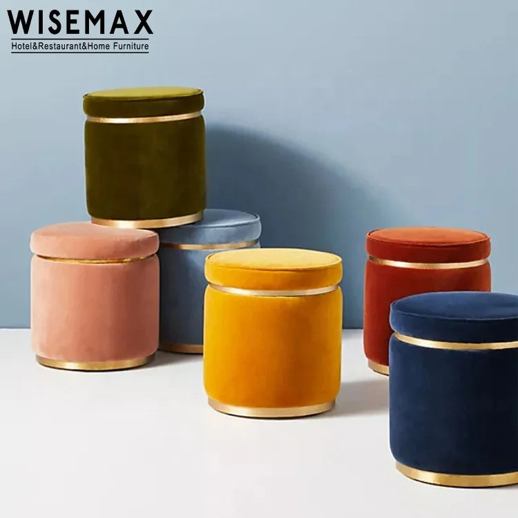 WISEMAX FURNITURE Nordic Style Upholstery Velvet Fabric Living Room Bedroom Footstool Colorful Round Ottoman Stool