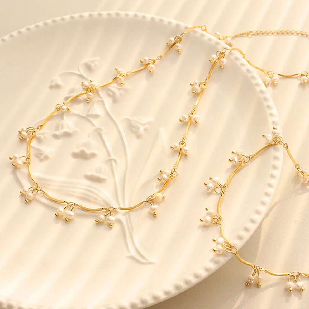 Boho Jewelry Natural Freshwater Pearl Small Charm Stainless Steel Irregular Twisted Chain Necklaces Women