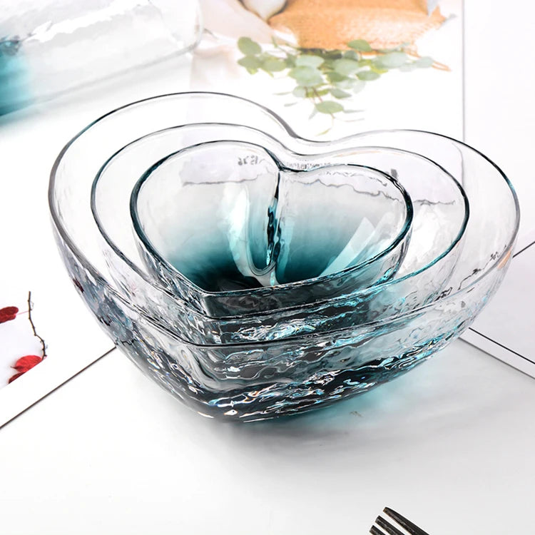 Luxury Fruit Salad Transparent Heart Shaped Home Accessories Glass Bowl Colorful Dessert Food Bowl Set