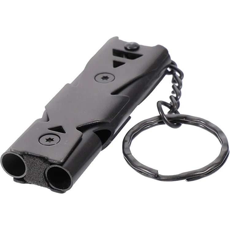 Stainless Steel Dual Tubes Whistle with Keychain Loud Emergency Whistle for Outdoor Survival