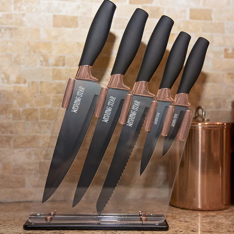 5 Pcs Rose Gold Royal Design Stainless Steel Kitchen Chef Knife Set With Comfortable Plastic PP Rubber Handle