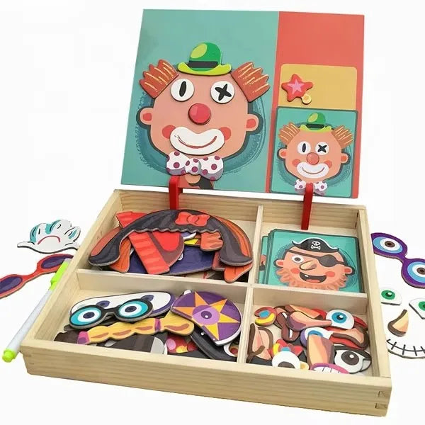 Montessori Children's Wooden 3D DIY Clown Puzzle Blocks Game Educational Professional Dress up Toys for Boys Girls