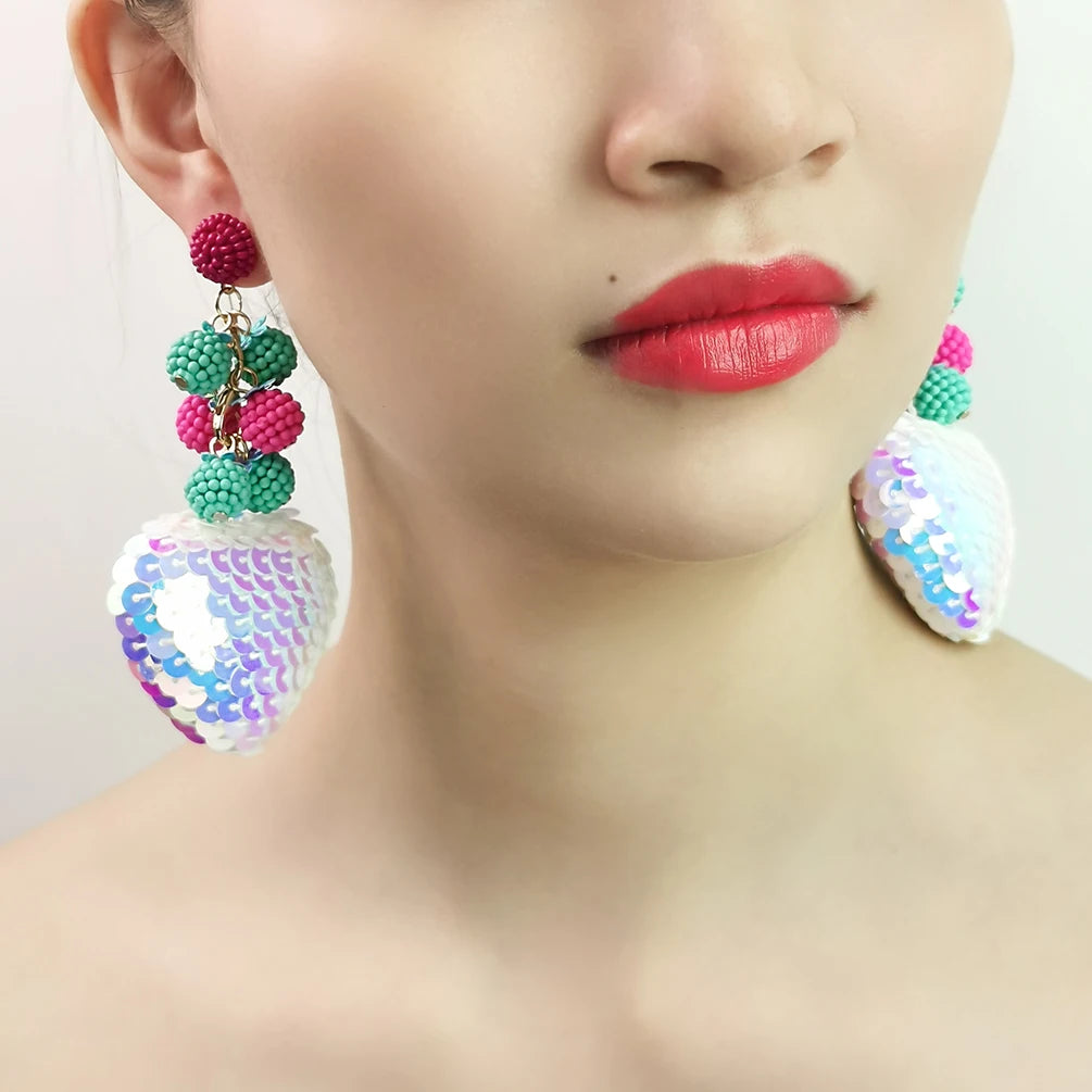 Original Design Shiny Sequin Beaded Drop Earrings Women Seed Beads Tassels Fashionable Big Heart-shaped Long Pendant Earrings