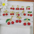 JS1895 Fun Fruit Collection Gold Plated Golden 3D Leaf Red Resin Enamel Cherry Cherries Charm Pendant Jewelry Supplies