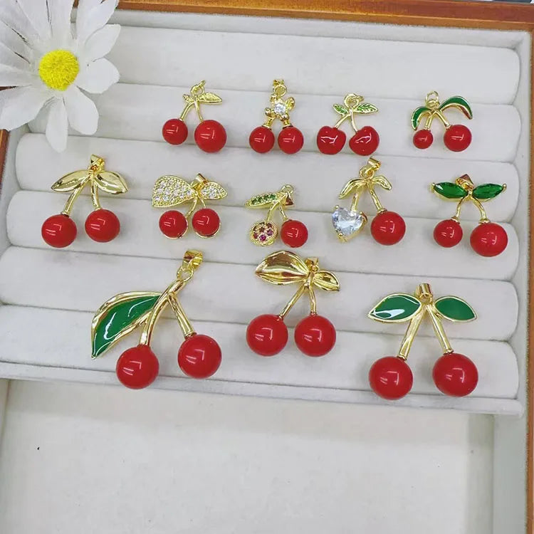JS1895 Fun Fruit Collection Gold Plated Golden 3D Leaf Red Resin Enamel Cherry Cherries Charm Pendant Jewelry Supplies