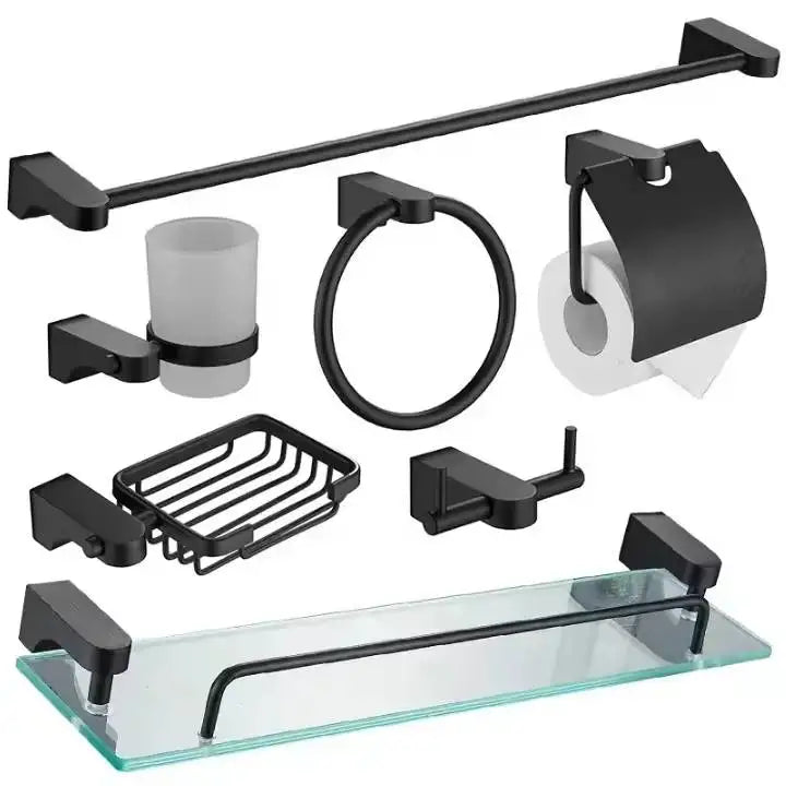 7-Piece Zinc Alloy Bathroom Accessories Set with Tempered Glass Wall Mounted Hardware Kit