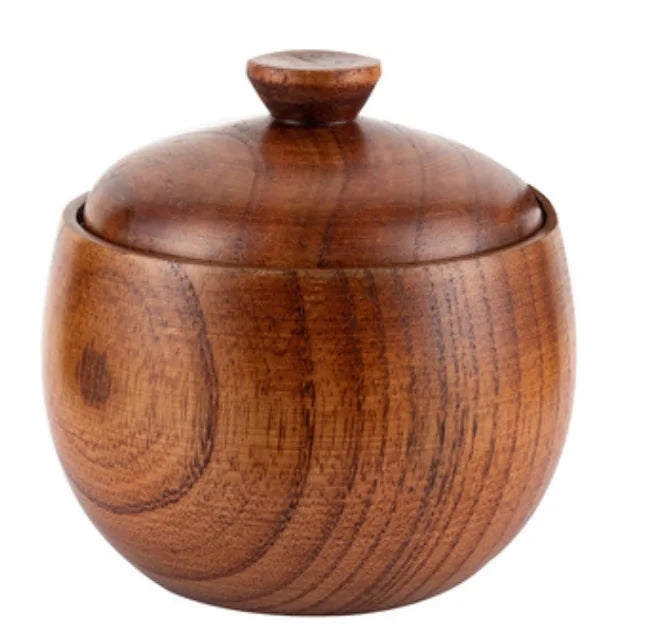 Wood Salt Cellar Wooden Spice Box Bamboo Spice Jars With Spoon
