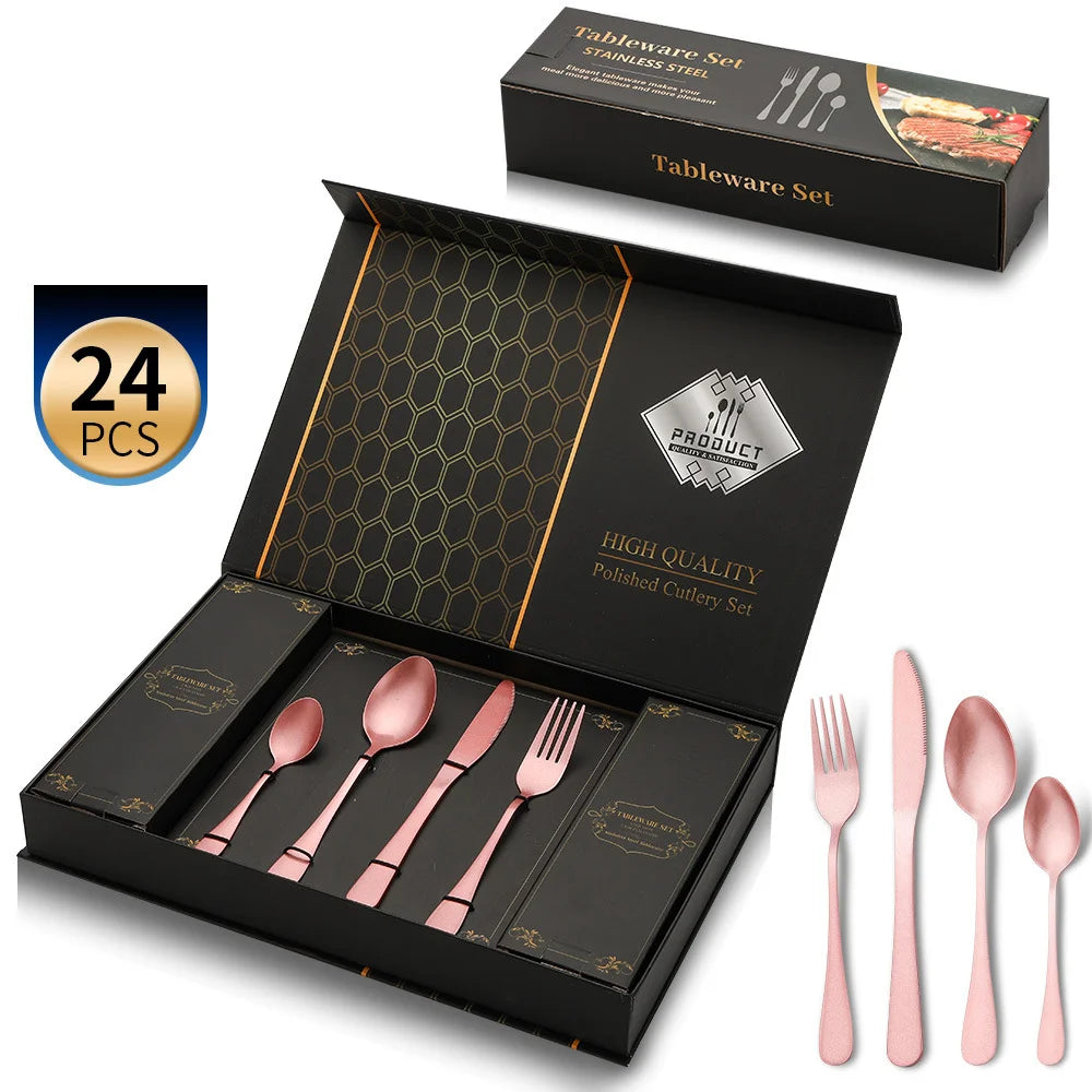 Hot Sale 1010 Stainless Steel Flatware 24 Pcs Steak Knife Fork Spoon Silverware Cutlery Set for Wedding