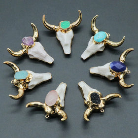 Natural Crystal Semi Precious Gemstone Resin Bull Skulls Bone Pendant Electroplated Horn Pendant DIY Necklace