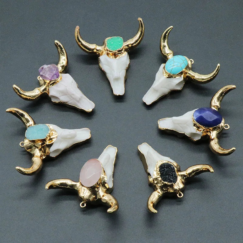 Natural Crystal Semi Precious Gemstone Resin Bull Skulls Bone Pendant Electroplated Horn Pendant DIY Necklace