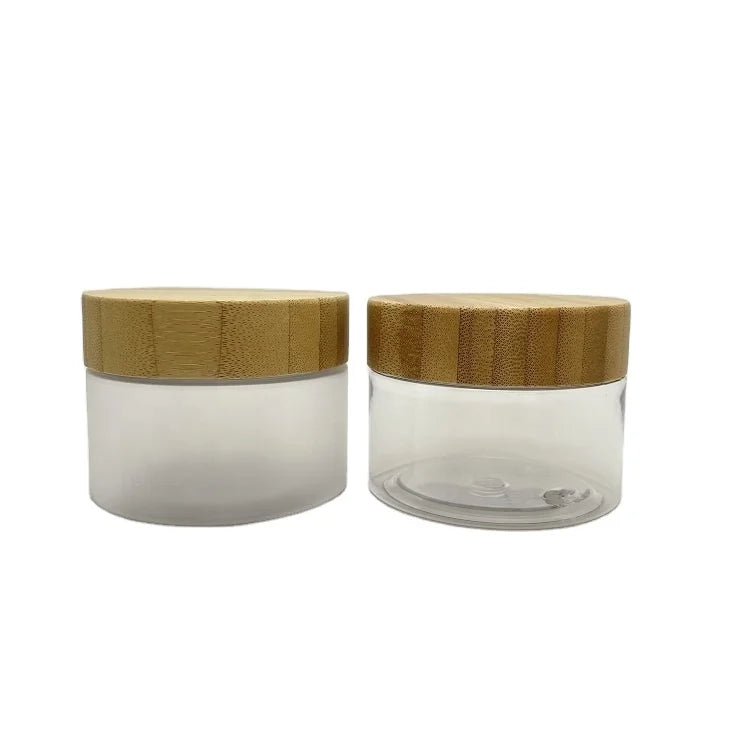 Cosmetic Packaging Containers 150ml 5oz 150g PET Plastic Jar Empty Plastic Cream Jars Clear Face Facial Pot With False Wood Lid