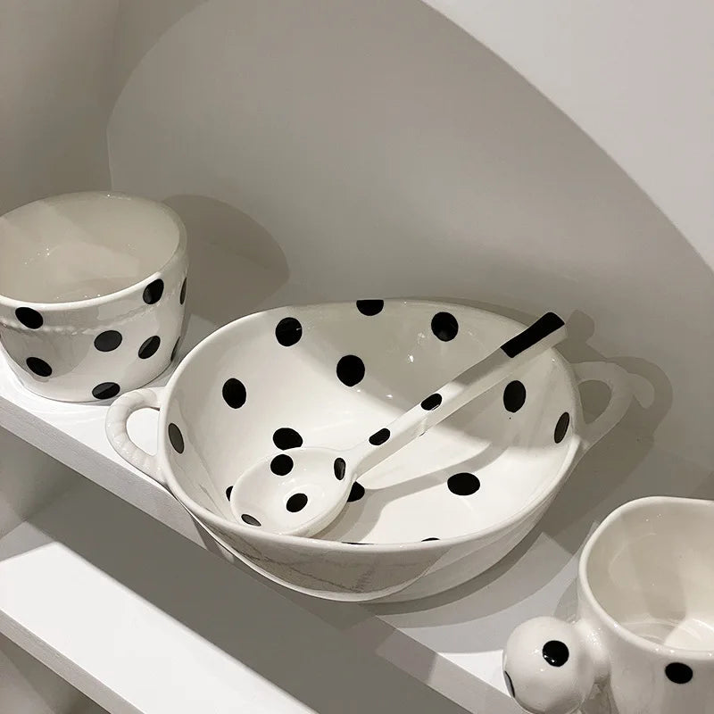 European Classic Black and White Wave Point Tableware Binaural Soup Bowl Mug Set