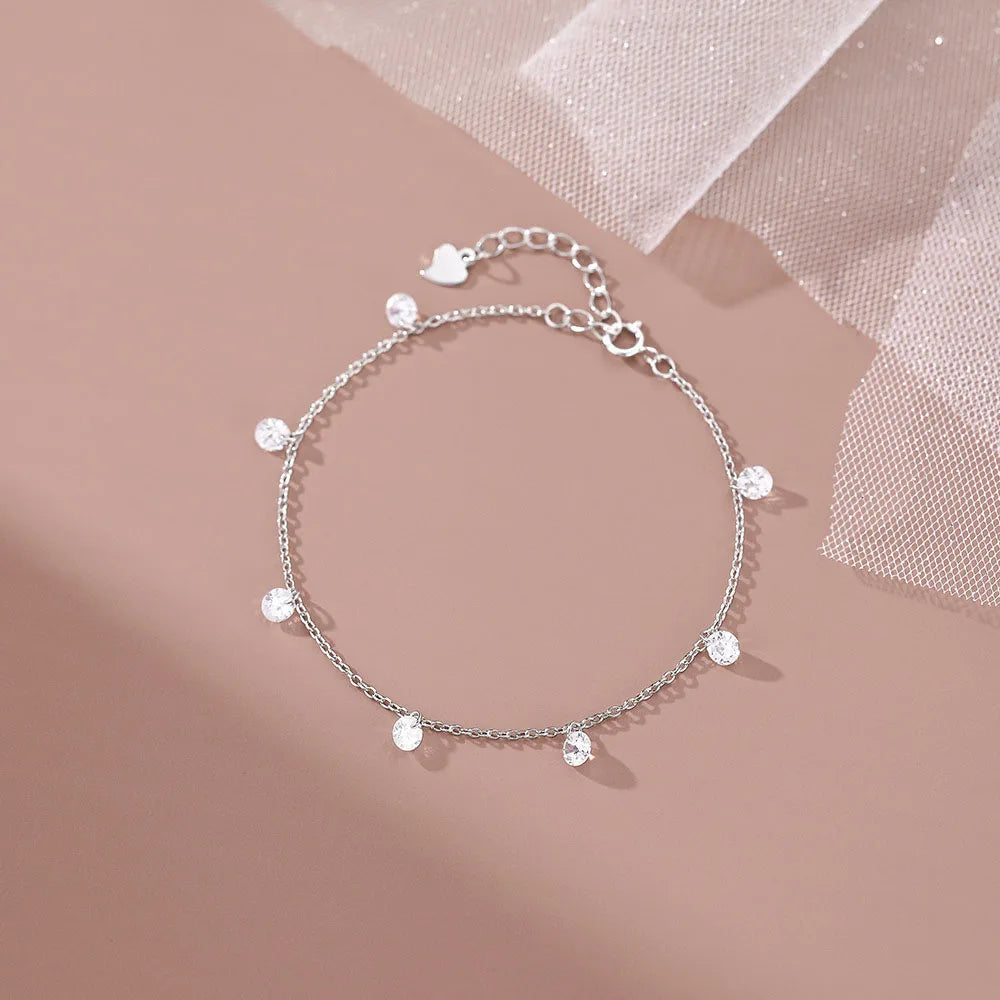 Simple Fashion Pure 925 Sterling Silver Thin Chain Shiny Zircon Diamond Charms Bracelets for Women Girls Jewelry