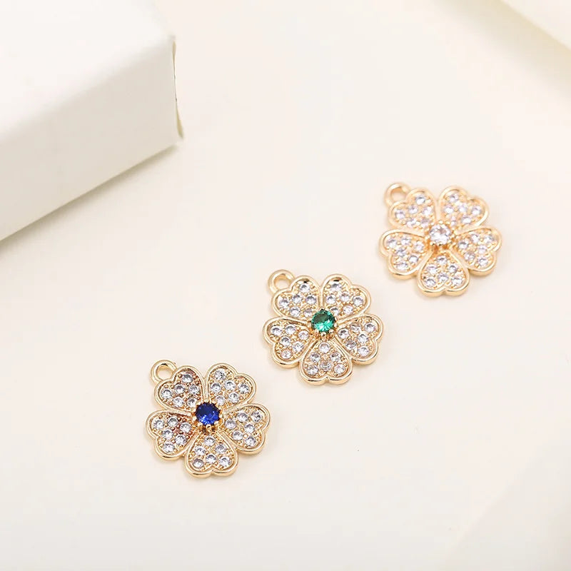 Wholesale 14K Gold Plated Inlaid White Blue Green Flower Shape Heart Pattern Charm for Jewelry Making Accessories