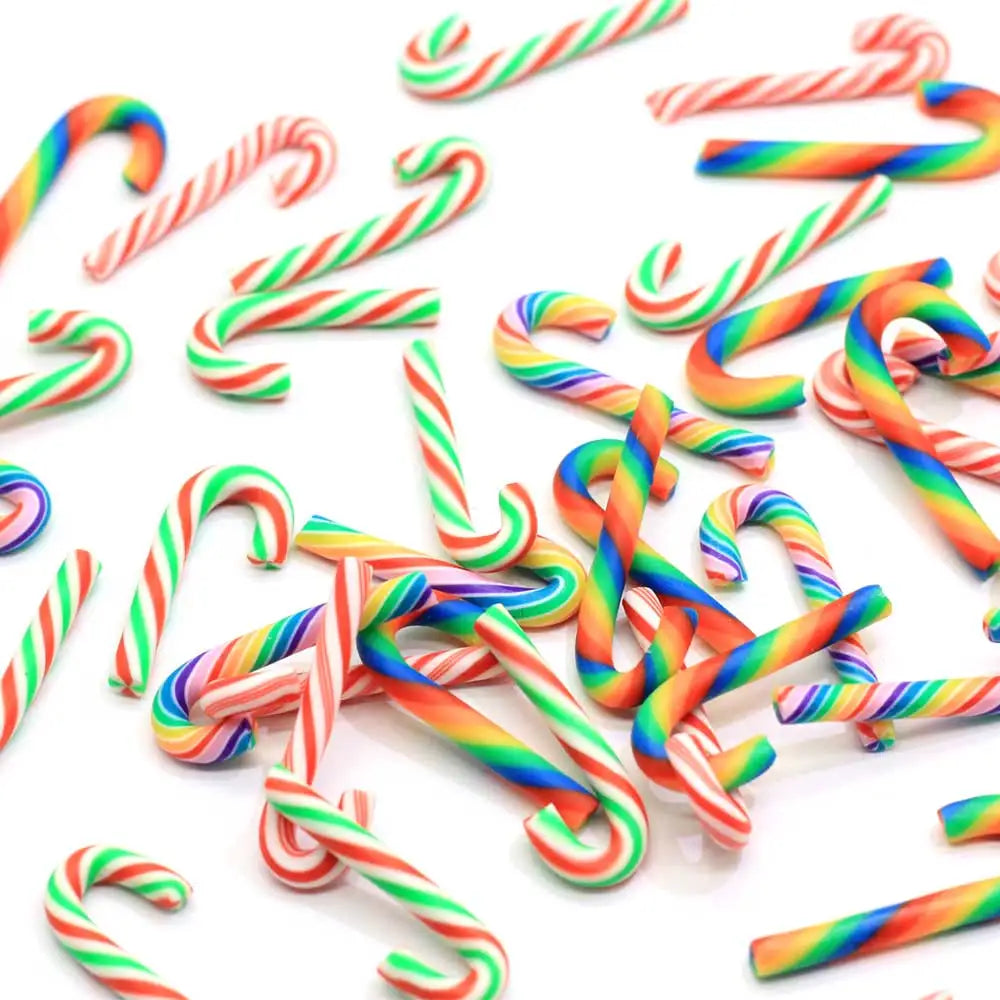 100PCS Mixed Colors Polymer Clay Christmas Candy Cane Miniatures Christmas Tree Decoration Christmas Party Supplies 8*24mm
