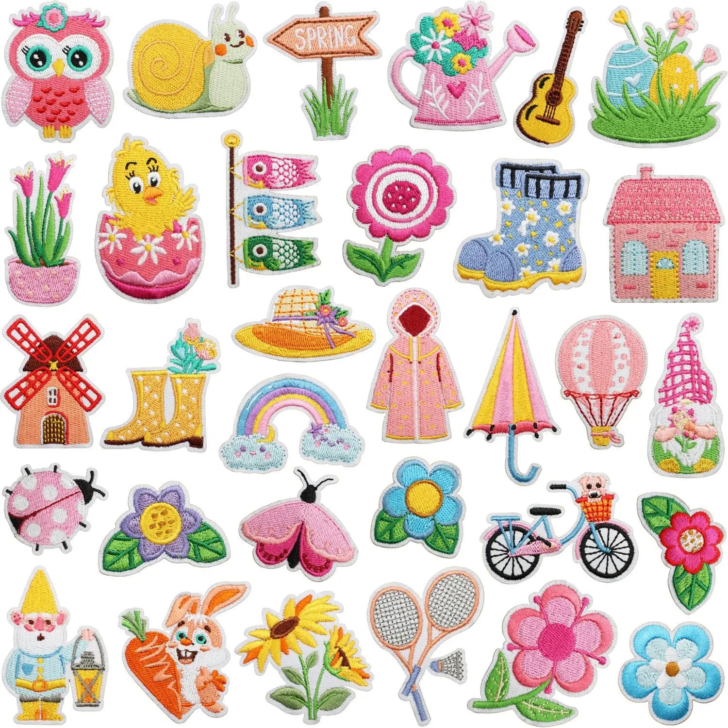 Iron on Embroidered Cute Spring Flower Bird Bee Umbrella  butterfly House Rabbit Patches for Clothes Bag Decoration