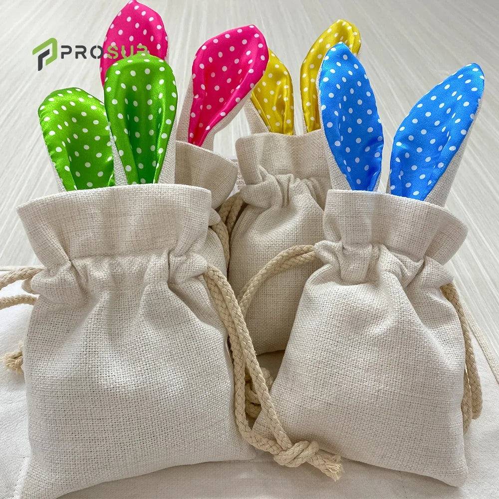 Prosub New Style Multicolor Ears Sublimation Linen Easter Bunny Drawstring Bag Blanks Custom Printing Sack