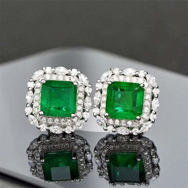 Huitan 2026 Silver Plated Hot Sale Square Emerald Earrings Stud for Women Elegant Inlay CZ Green Crystal Stud Earrings