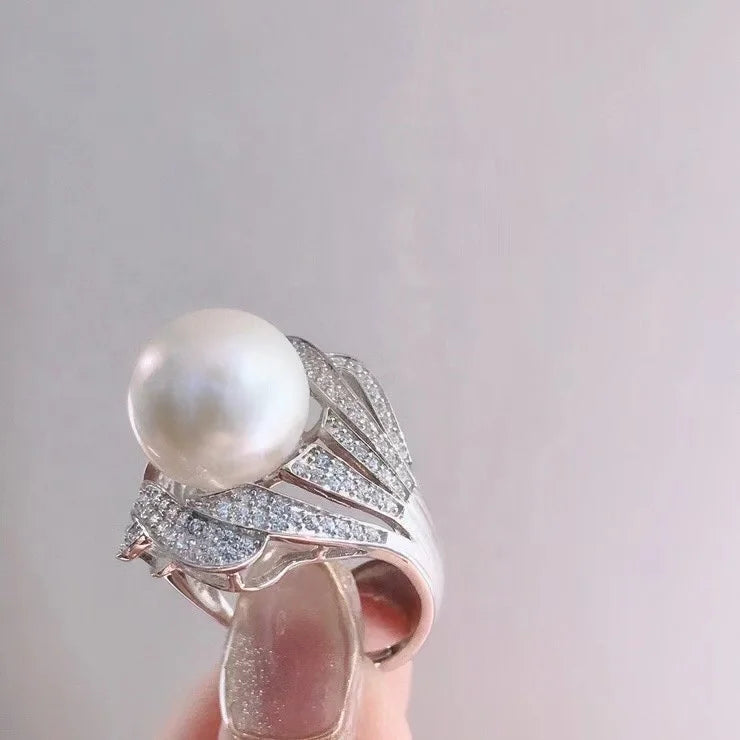 R534 11-12mm Natural Freshwater Pearl Ring Accessory 925 Sterling Silver Adjustable Size Engagement Jewelry Ring for Women