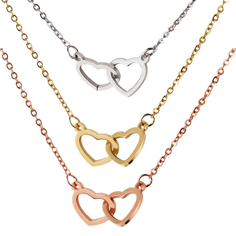 Fashion No Tarnish 18K Gold Silver Rose Plated 316L Stainless Steel Double Heart Pendant Necklace Jewelry for Woman
