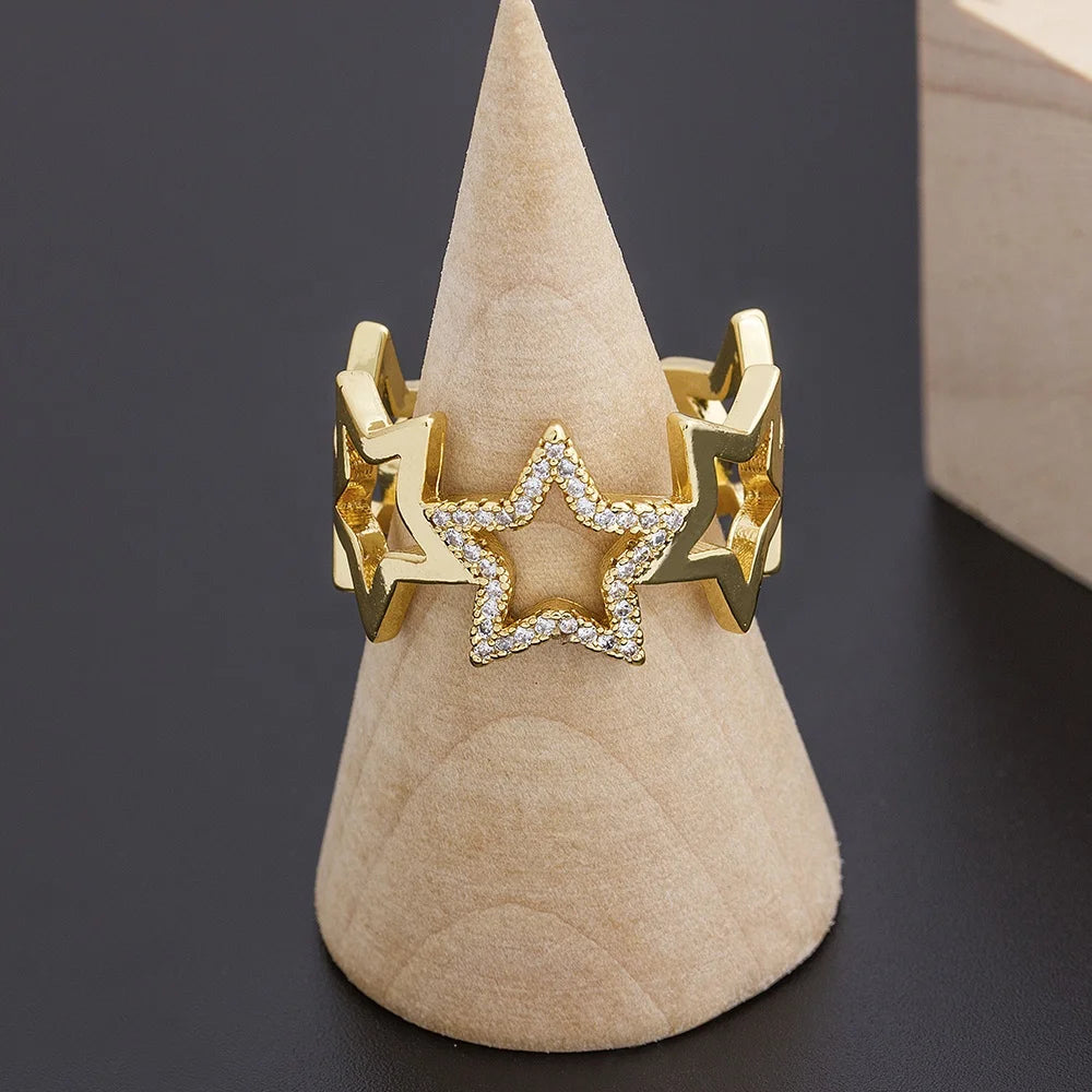 QIKU Wholesale Fashion Star Shape Opening Adjustable Crystal Finger Rings Women Girl Wedding Engagement Party Gift Jewelry