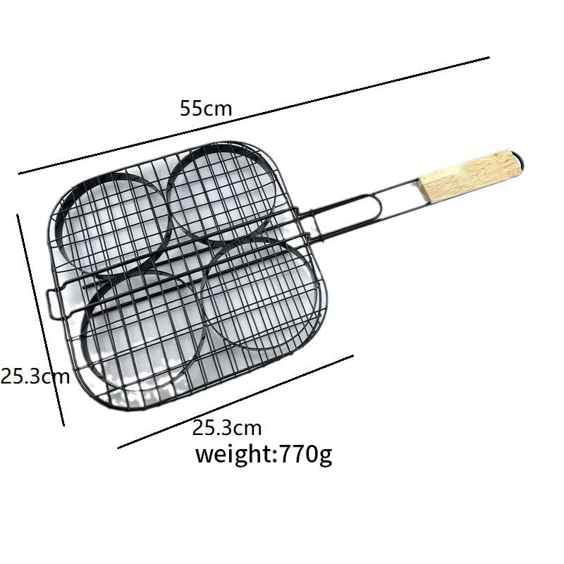 Outdoor Foldable Metal BBQ Grill with Non-Stick 4-Burger Square and Round Nets Accessory Set for Perfect Barbecues