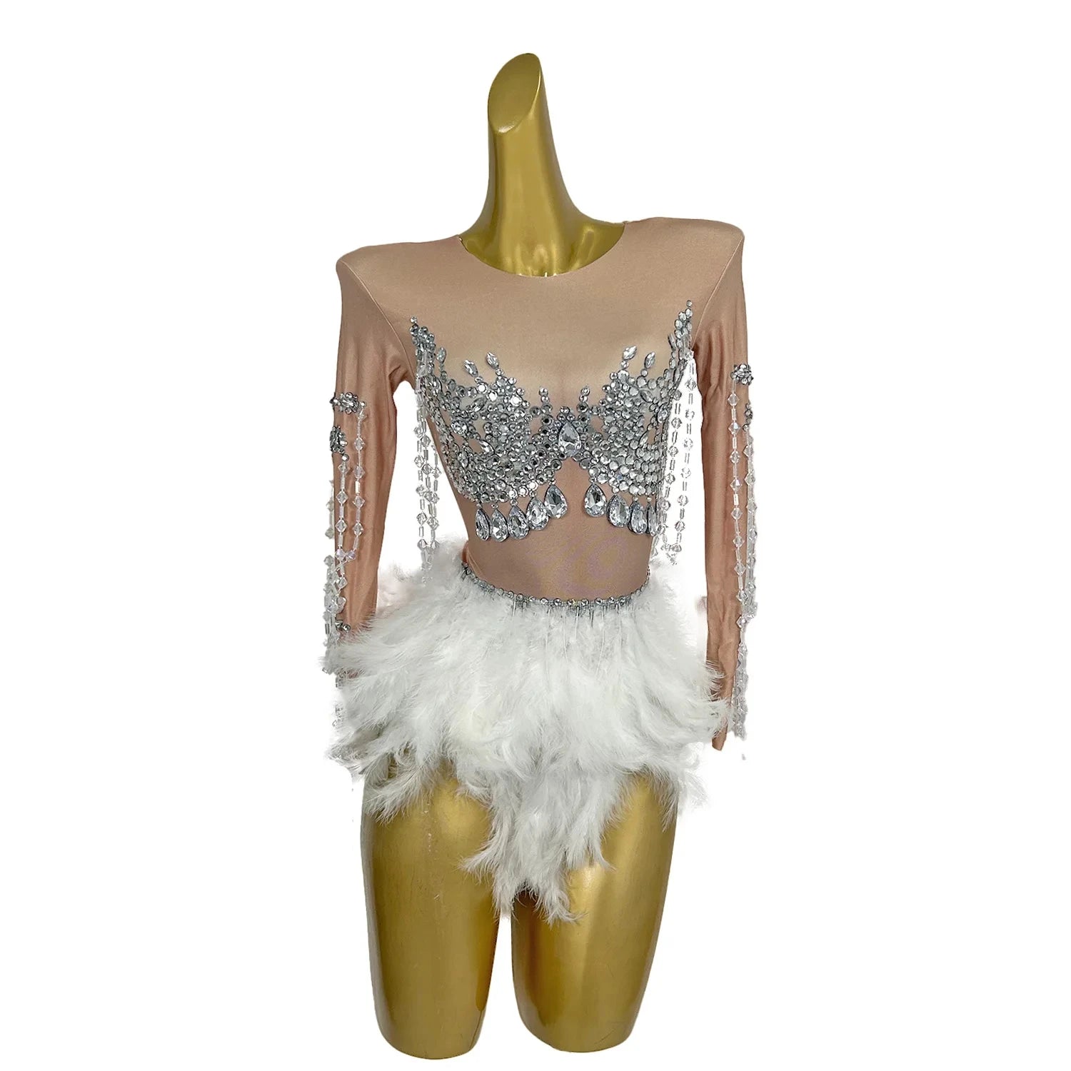 Sexy Feathers Rhinestone Tassel One Piece Short Jumpsuit Las Vegas Drag Show Festival Outfit Women Stage Party Dancer Bodysuit