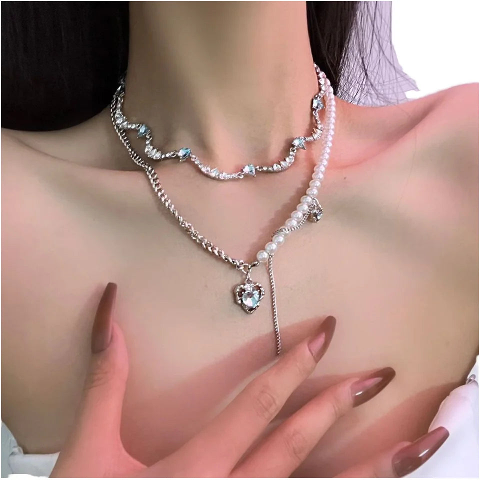 Mint Sea Screening Hall~Blue Rhinestones Heart Pendant Choker Y2K Imitation Clavicle Chain Necklaces for Women for Weddings