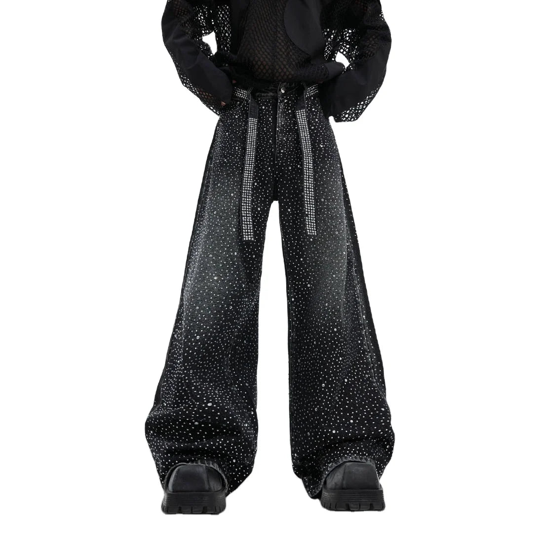 100% Cotton Heavyweight 14oz Men's Streetwear Vintage 100% Cotton Baggy Oversized High Jeans Washed Rhinestone Wide Leg Winter