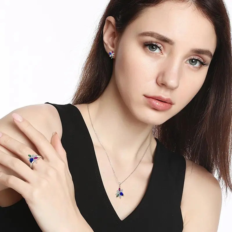 Color Jewelry Natural Amethyst Peridot Topaz Zircon 925 Sterling Silver Zircon Necklace Earrings Ring Set