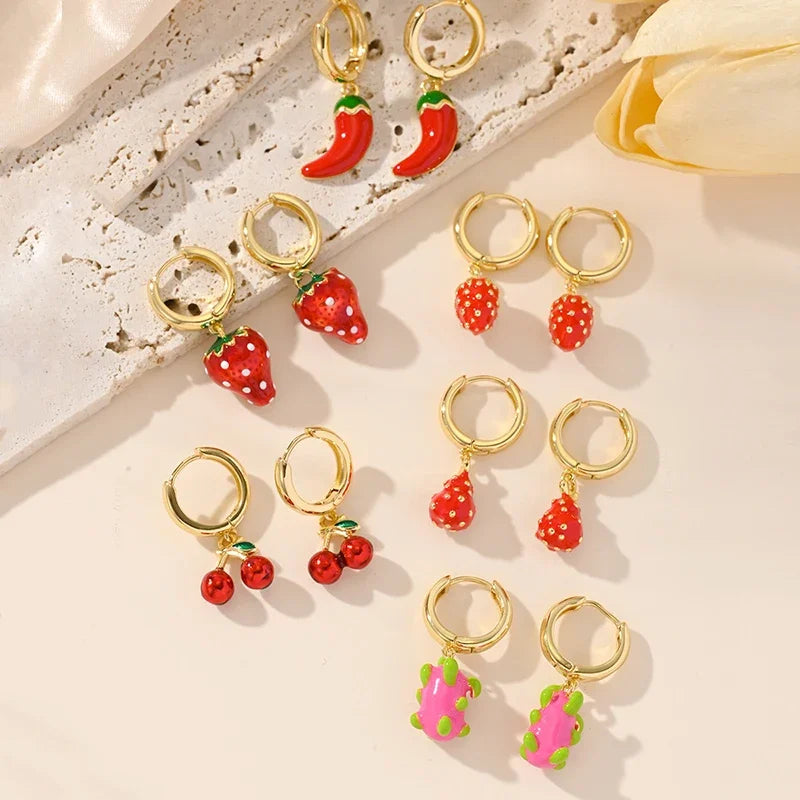 New in Fruit Cherry Strawberry Dragon Fruit Pendant Oil Dripping Earrings Women Female Earrings X268