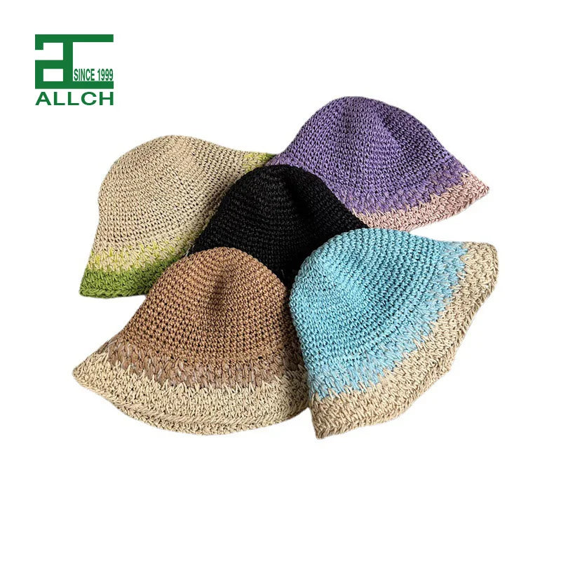 ALLCH  Summer Fashion Paper Straw Big Brim Woman Packable Wide Brim Surf Folding Crochet Fisherman Bucket Hat