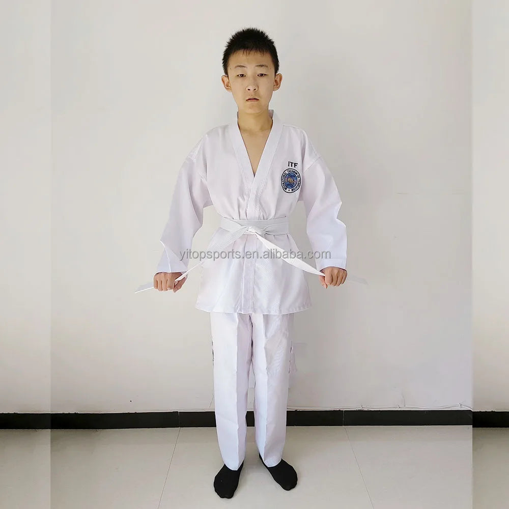 High Quality White Ribbed Custom logo ITF Martial Arts Taekwondo Uniform