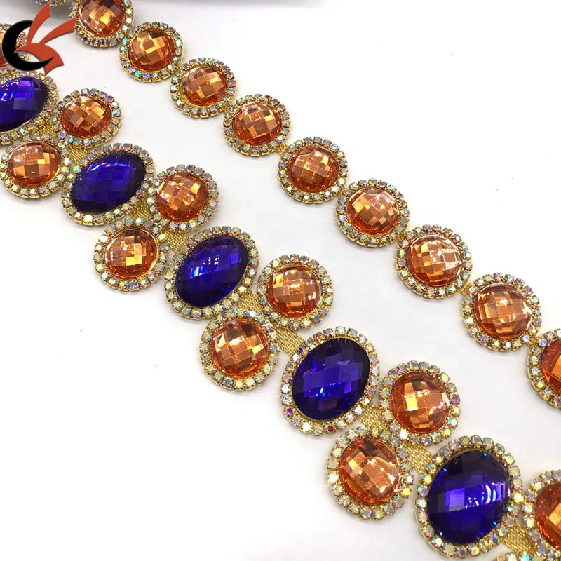 Orange Gems with AB Crystals Rhinestone Resin Tassel Chain Trimming for Shoes Carnival Dresses or Garment Accessory Use