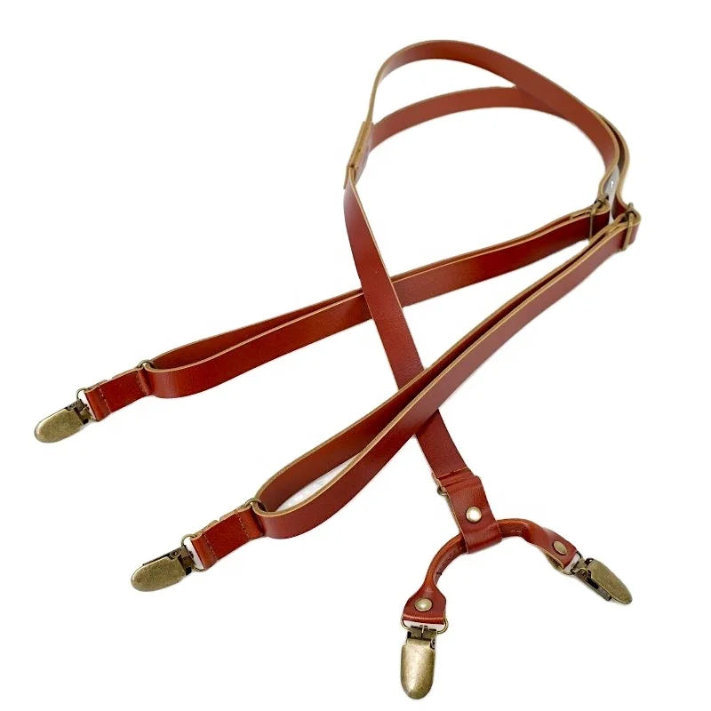 Men's Casual 1.7cm Split Leather Suspenders with Iron 4 Clips & Custom Logo Customizable Brace for Denim Pants & Shirt Stay