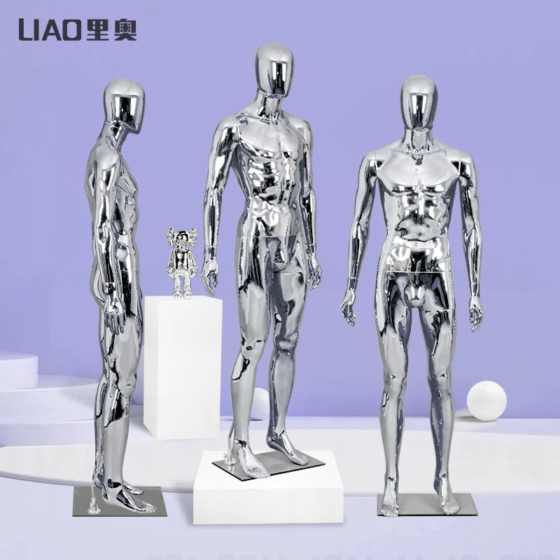 Wholesale Hot Selling High End Chrome Electroplating Silver Full-Body Male Mannequin Egg Head Metal Stand Base Men Plastic