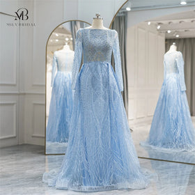 Mily Bridal LWC8201 Boat Neckline Party Dress for Women Long Sleeve Mermaid Blue Sequined Evening Dresses Modest