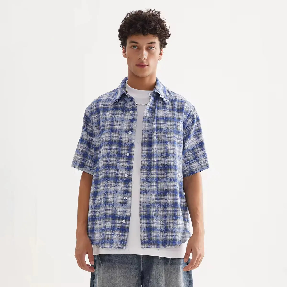 Men's Casual Short Sleeve for Men's Plaid Shirts Loose Plaid Design with Full Button Lapel Polyester-Breathable and Anti-Pilling