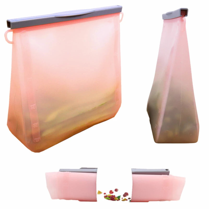 1500ml 1000ml Eco-Friendly Fridge Safe Silicone Zipper Bag Reusable Sealer Silicon Zip Lock Food Pouch Bags for Storage Packing